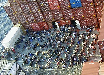 Rescued refugees aboard the Tampa in 2001.