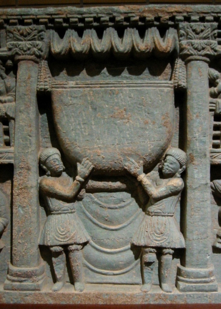 Kushans worshipping the Buddha's bowl. 2nd century Gandhara